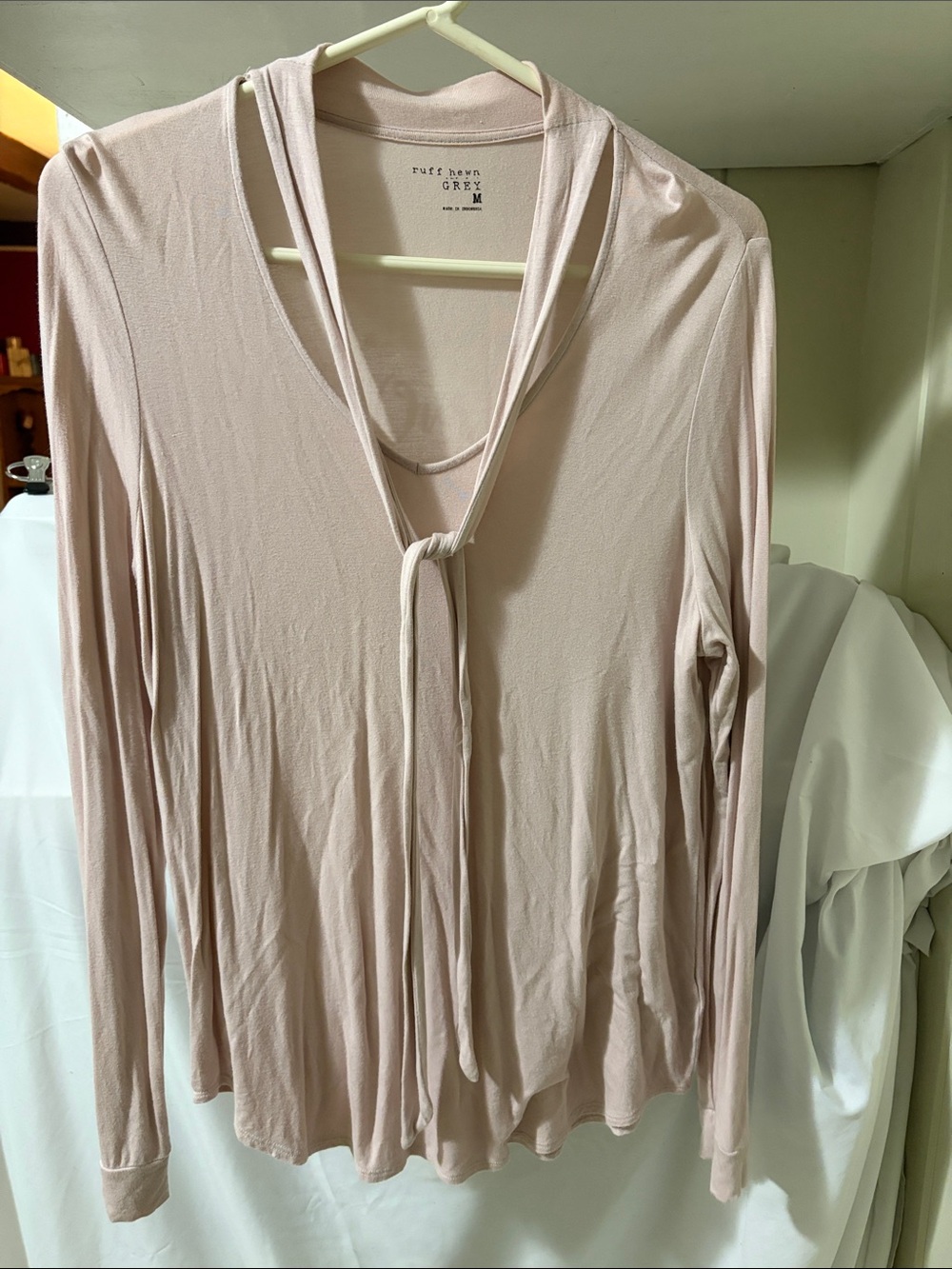 Ruff Hewn Pale Pink Tie-Neck Long Sleeve Blouse